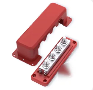 Red insulated busbar support with terminal studs