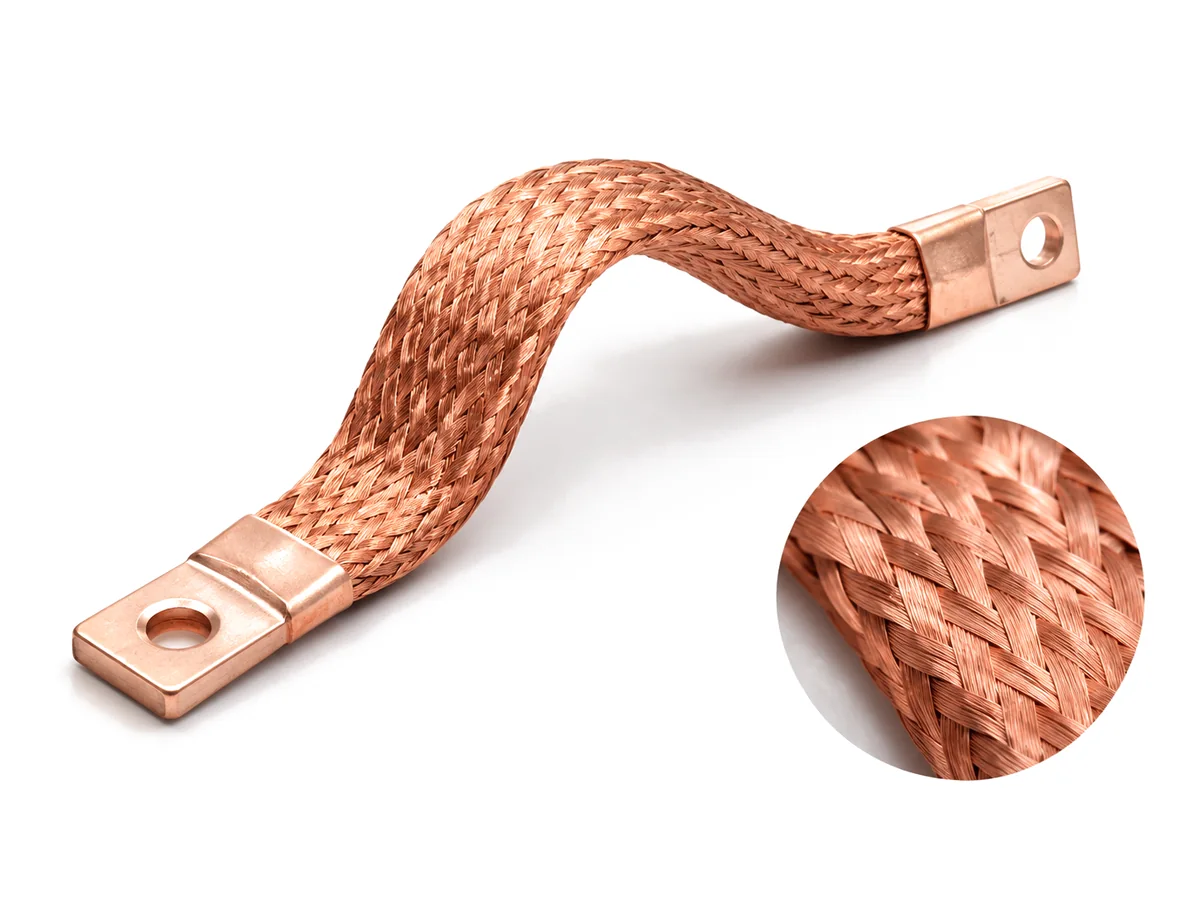 Flexible braided copper connector (flexible busbar) with copper terminal lugs, and a close-up of the copper braid